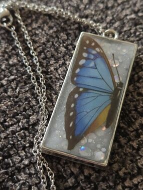 Silver-Tone Blue Butterfly Rectangle Pendant Necklace